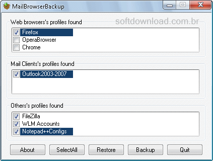 Backup do navegador, cliente de email e mensageiro instantâneo Backup do navegador, cliente de email e mensageiro instantâneo