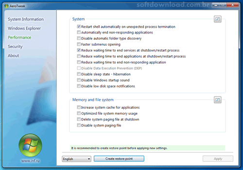 Ajuste mais de 50 parâmetros do Windows 7 e Vista com o AeroTweak