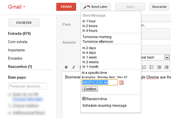 Agende o envio de emails no Gmail com o Boomerang