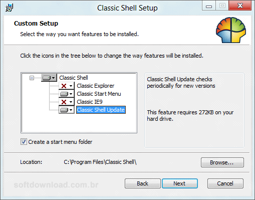 Janela de instalação do Classic Shell