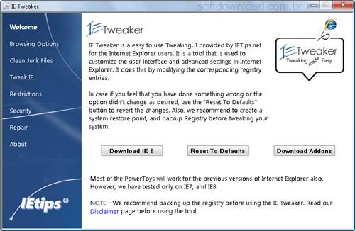 Ajuste e repare seu Internet Explorer com o IE Tweaker
