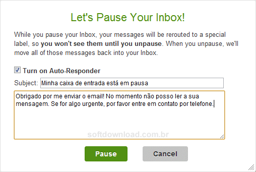 Resposta automática do Inbox Pause