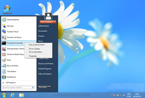Programa para adicionar um menu iniciar no Windows 8