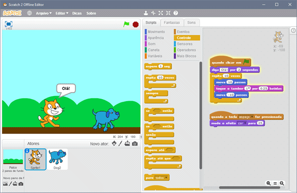Tela de Scratch, aprender lógica de programação usando ferramentas digitais
